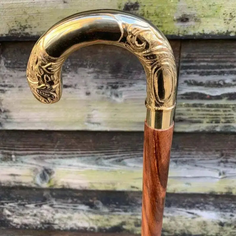 Handcrafted Wooden Walking Stick with Engraved Brass Handle Elegant Vintage Style Cane for Men and Women Gift & Personal use