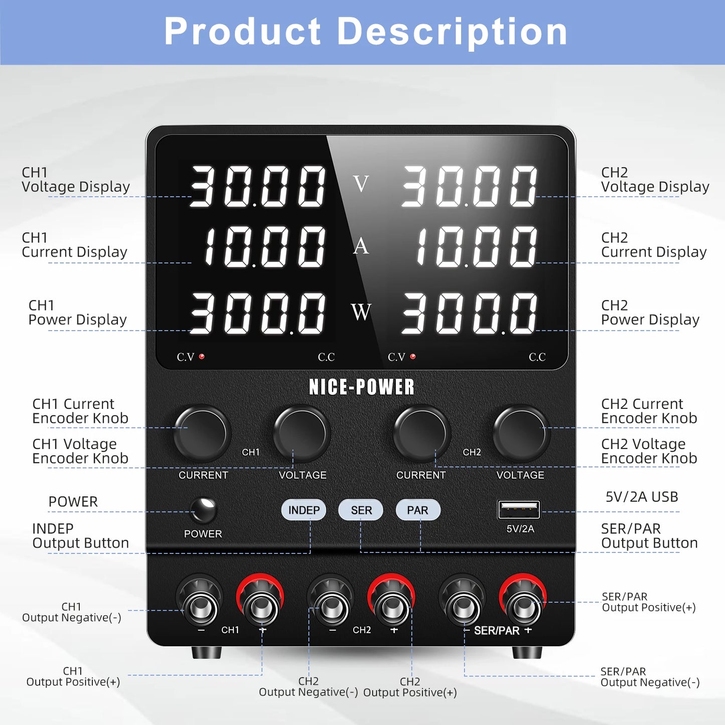 NICE POWER SPS3010-2KD Switch Dual DC Regulated Power Supply 30V 60V 10A 20A LED Adjustable Double Channel Bench Power Source