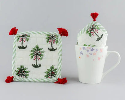 White and Green Palm Print Coasters 100% Cotton India Block Printed Fabric Coasters 5*5 Inch for Coffee Mug Coffee Table