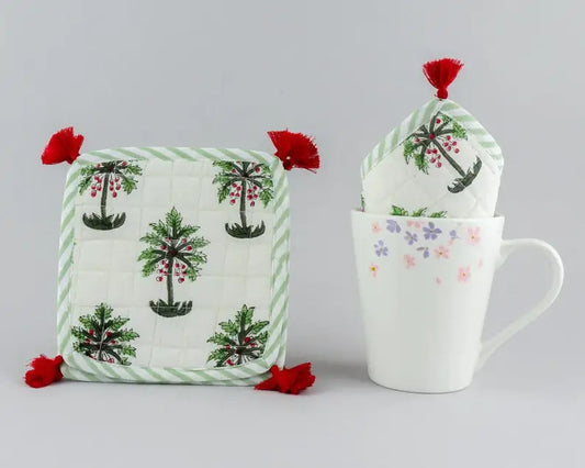White and Green Palm Print Coasters 100% Cotton India Block Printed Fabric Coasters 5*5 Inch for Coffee Mug Coffee Table