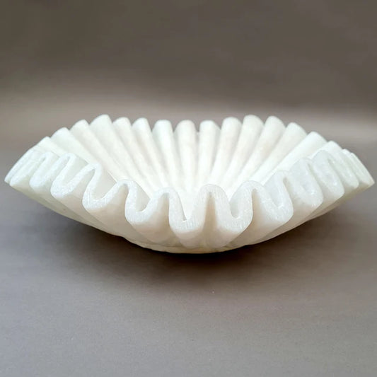 Makrana White Marble Polished Eco-Friendly Wavy Curly Design Country Style Large Size >10L Capacity Restaurant Party Bowl