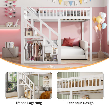 Rosahqnda floors bed youth bed, pine wood bunk bed with safety railings and stowable steps closet
