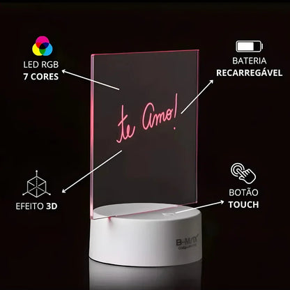 Luminária Lousa De Mesa 3D Com Led E Caneta Para Escrever