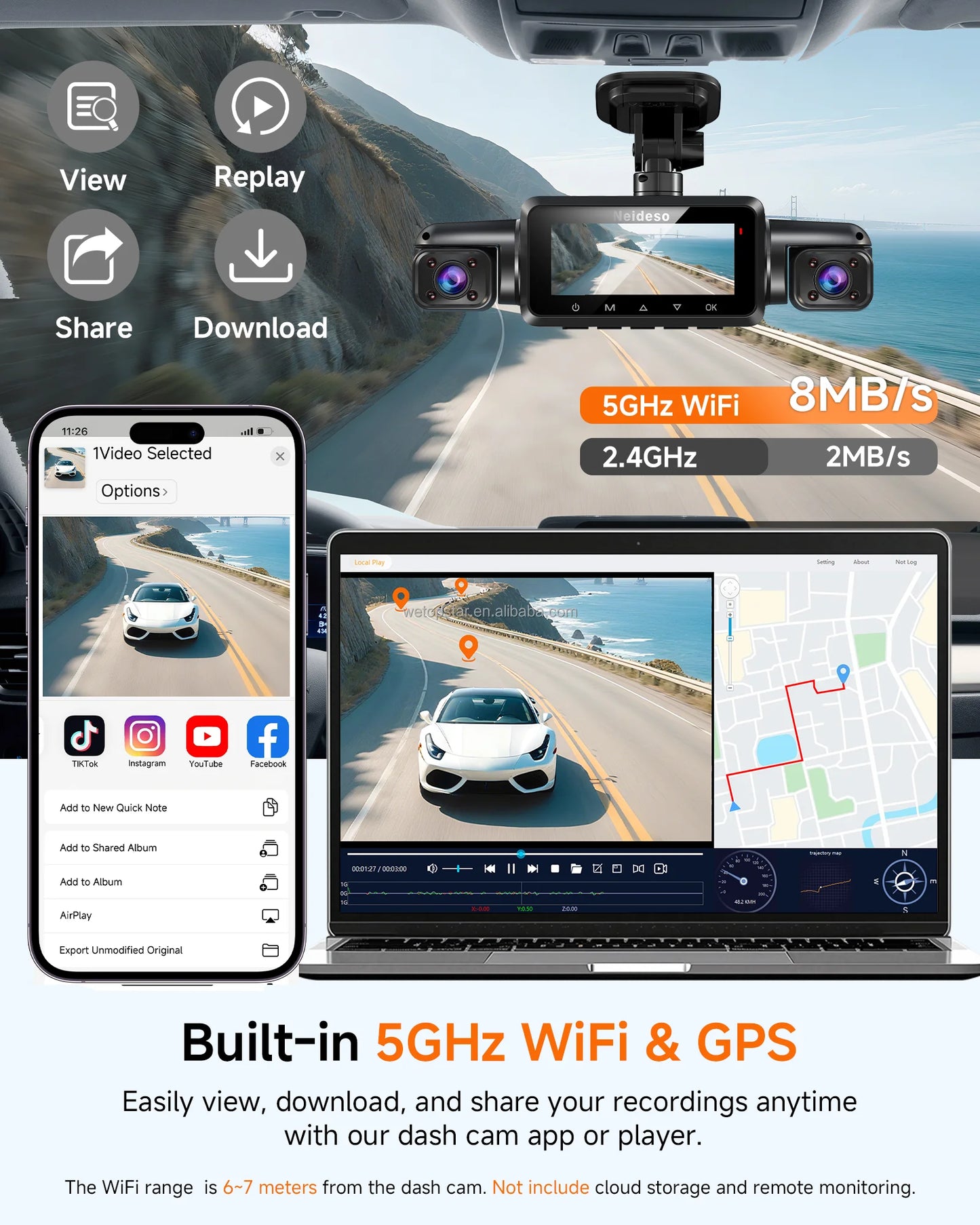 4 Lens Dash Cam with AI DMS Front 4K Recording STARVIS 2 Dashcam Built-in GPS Car Black Box with Parking Monitoring