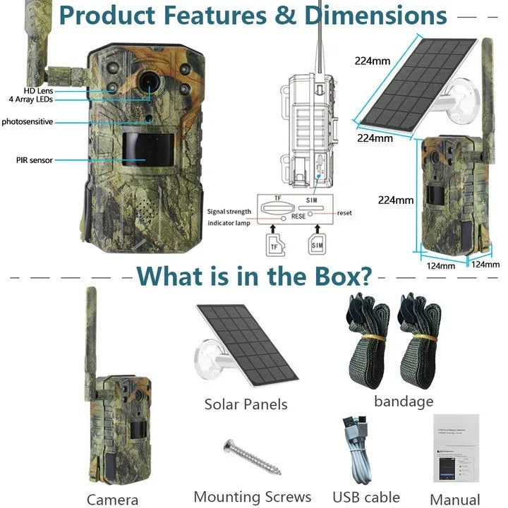 Solar shooting Trail Camera 20M PIR Motion Detection storm Camera 4K 14MP 4G SIM Card 30M Nigh Vision mAh