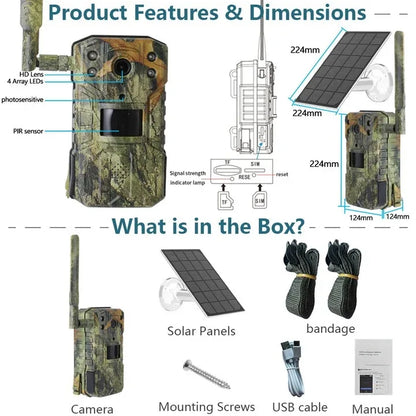 Solar shooting Trail Camera 20M PIR Motion Detection storm Camera 4K 14MP 4G SIM Card 30M Nigh Vision mAh