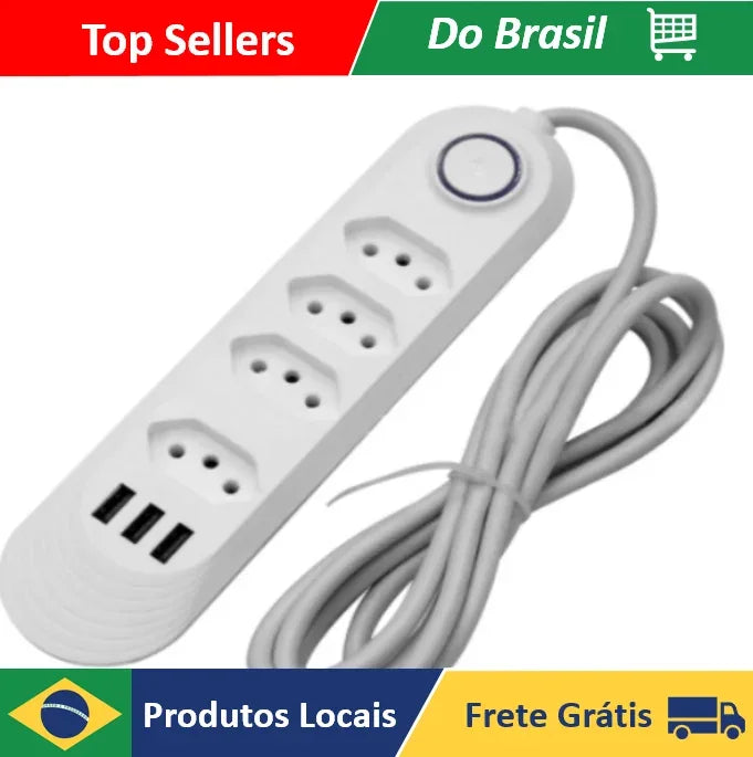 NEVERDIE STORE - Extensão Elétrica 2m Com 3/4 Tomadas e 3 Entradas USB com Botão ENVIO RAPIDO PARA TODO O BRASIL