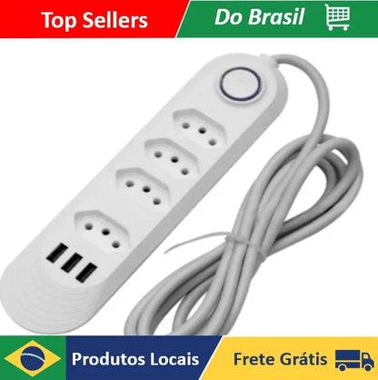 NEVERDIE STORE - Extensão Elétrica 2m Com 3/4 Tomadas e 3 Entradas USB com Botão ENVIO RAPIDO PARA TODO O BRASIL