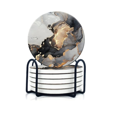 Black Marble Coasters Absorbent Ceramic Drink Non-Slip Cork Base Round Bar Suitable for coffee tea wine and more
