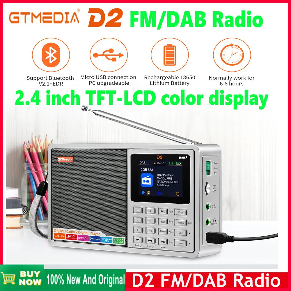 [Genuine]GTMEDIA D2 FM Radio  Portable DAB Digital Bluetooth Speaker AUX IN TF Card Slot MP3 Player Recording Clock Alarm