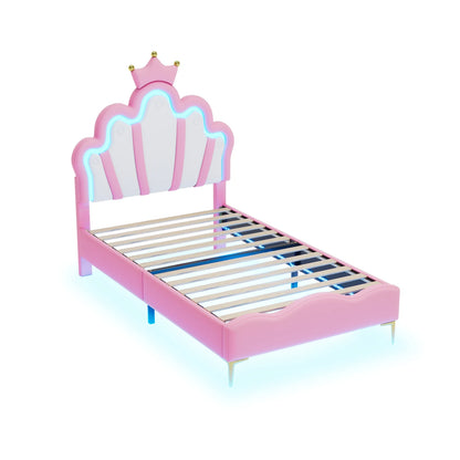 ROSAHQNDA 90x200cm Single bed, crown-shaped princess bed, soft PU leather upholstery with LED light strip, without Mattress
