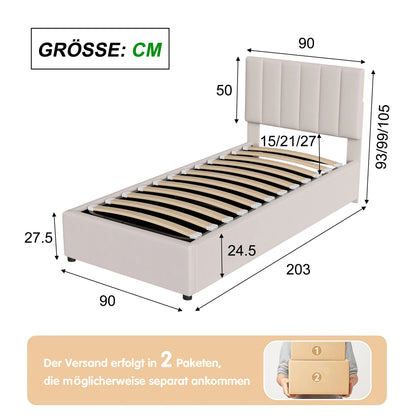 Upholstered bed 90x200 cm, hydraulic storage bed, single bed with storage and slatted frame, youth bed, box spring bed with bed box, functional bed, linen, without mattress, beige