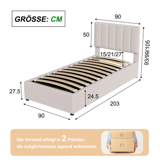 Upholstered bed 90x200 cm, hydraulic storage bed, single bed with storage and slatted frame, youth bed, box spring bed with bed box, functional bed, linen, without mattress, beige