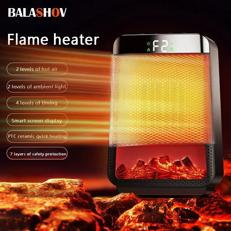 1500W Flame PortableElectric Heater Portable Desktop PTC Heating Fan Warm Air Blower for Household Office Mini Space Heater