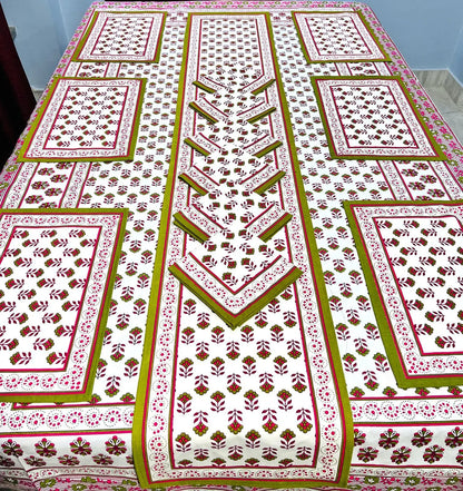 Custom Made Jaipuri Floral Print Dining Table Mats and Napkins Bamboo for 6 Seater in Different Designs & Colours