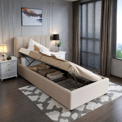Upholstered bed 90x200 cm, hydraulic storage bed, single bed with storage and slatted frame, youth bed, box spring bed with bed box, functional bed, linen, without mattress, beige