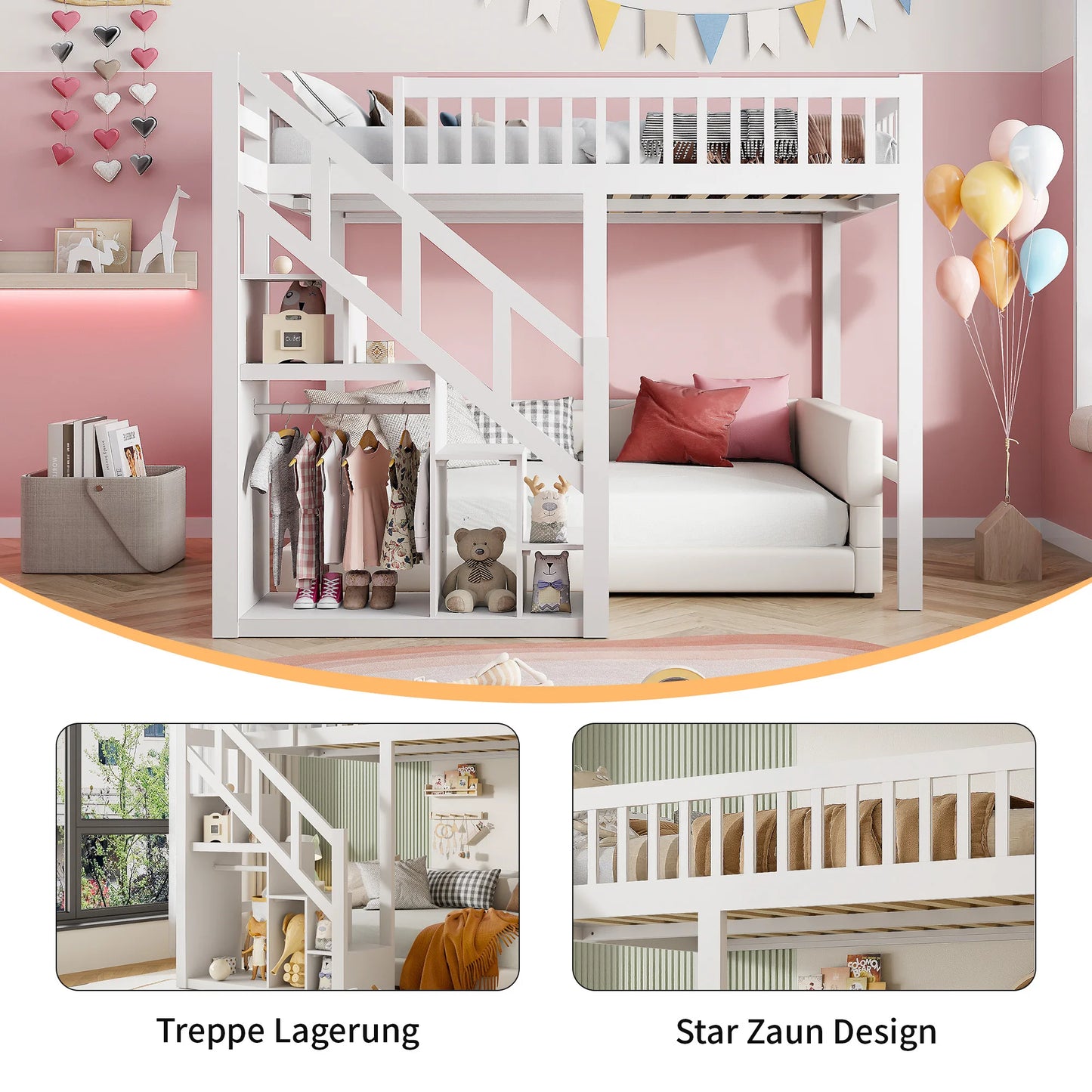 Rosahqnda children's high bed 90x200 cm 140x200 cm, children's bed with crash protection, stair, storage space, bunk bed, solid wood