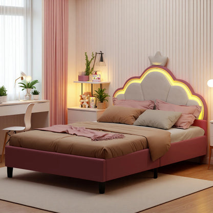 Children's bed 90x200 cm, Princess Crown-shaped bed with Adjustable bed Head, Girl bed with LED, Single bed, Pink