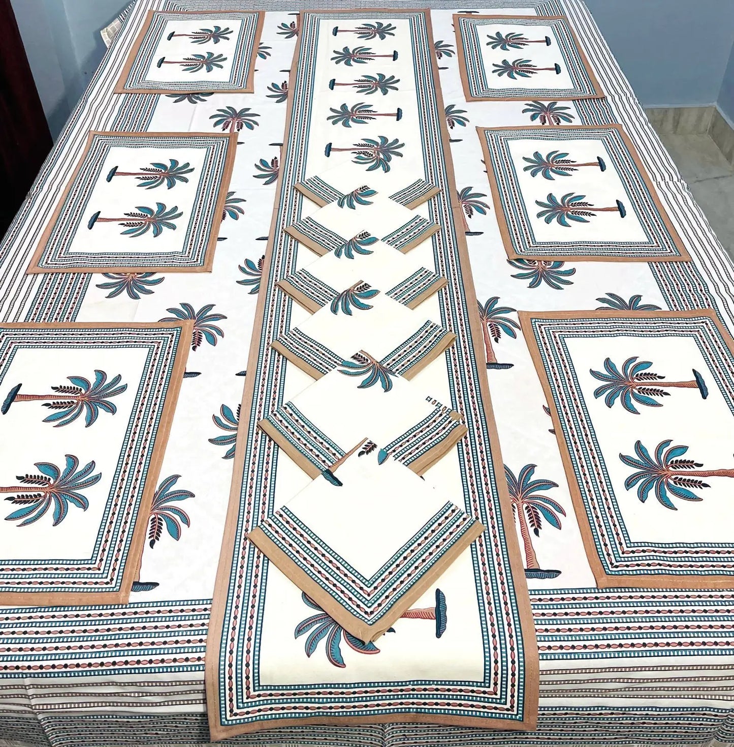 Custom Made Jaipuri Floral Print Dining Table Mats and Napkins Bamboo for 6 Seater in Different Designs & Colours