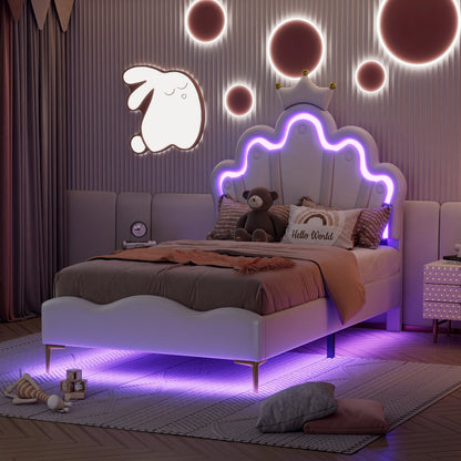 ROSAHQNDA 90x200cm Single bed, crown-shaped princess bed, soft PU leather upholstery with LED light strip, without Mattress