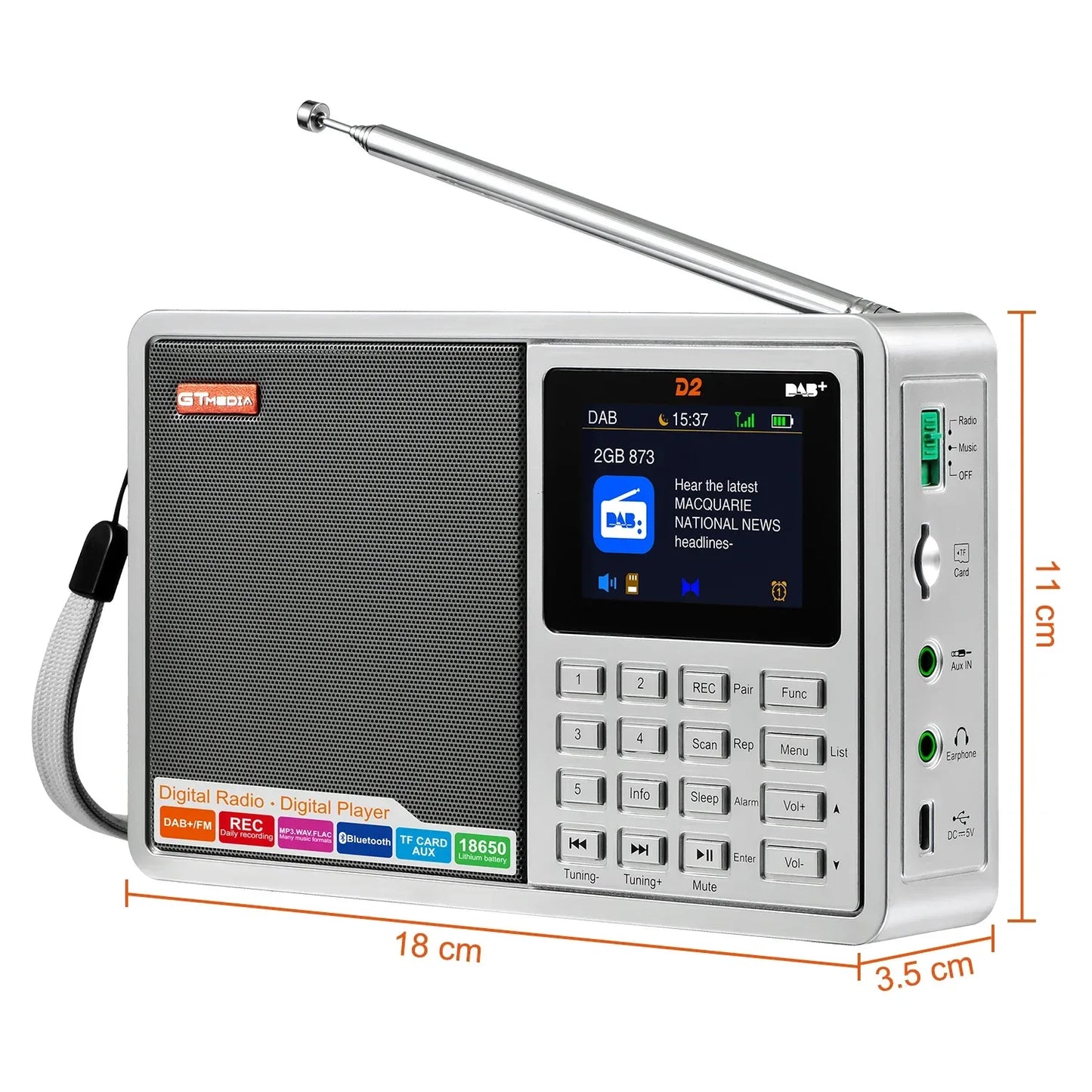 [Genuine]GTMEDIA D2 FM Radio  Portable DAB Digital Bluetooth Speaker AUX IN TF Card Slot MP3 Player Recording Clock Alarm