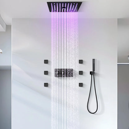 Ceiling Cold and Hot LED Shower System Matte Black12 Inch Mist and Rain Shower Head Ceiling Embedded Shower Faucet Set