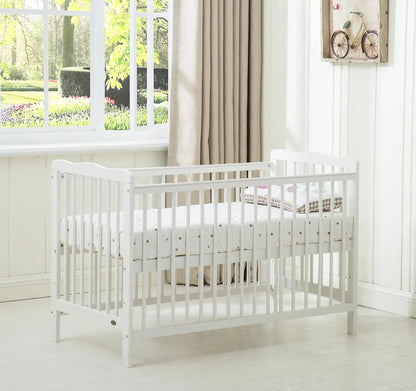 mcc direct Brooklyn Baby Cot Crib With Water repellent Mattress and Safety Wooden Barrier (125 x 66 cm)