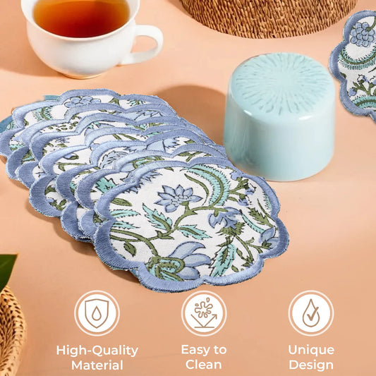 Ridhi Trending New Sky Blue Set of 8 Coasters Hand Block Printed & Embroidered Scallops Coasters for Drinks Wholesale Product