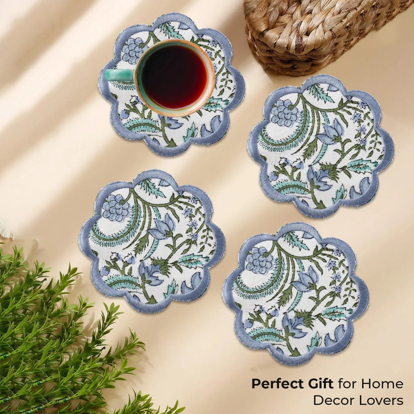 Ridhi Trending New Sky Blue Set of 8 Coasters Hand Block Printed & Embroidered Scallops Coasters for Drinks Wholesale Product