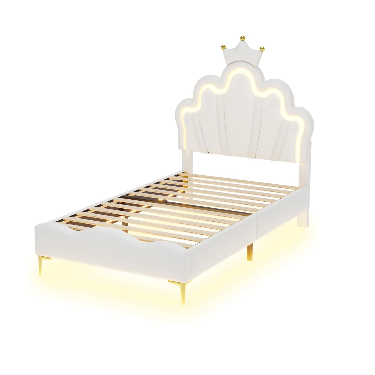ROSAHQNDA 90x200cm Single bed, crown-shaped princess bed, soft PU leather upholstery with LED light strip, without Mattress