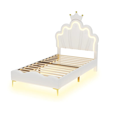 ROSAHQNDA 90x200cm Single bed, crown-shaped princess bed, soft PU leather upholstery with LED light strip, without Mattress