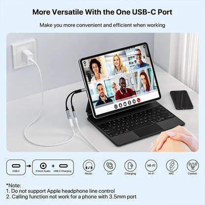 2 in 1 USB C Splitter to 3.5mm Headphone Jack and Charger Adapter PD 60W Fast Charging Audio Dongle for iPhone 15 16 17 Xiaomi
