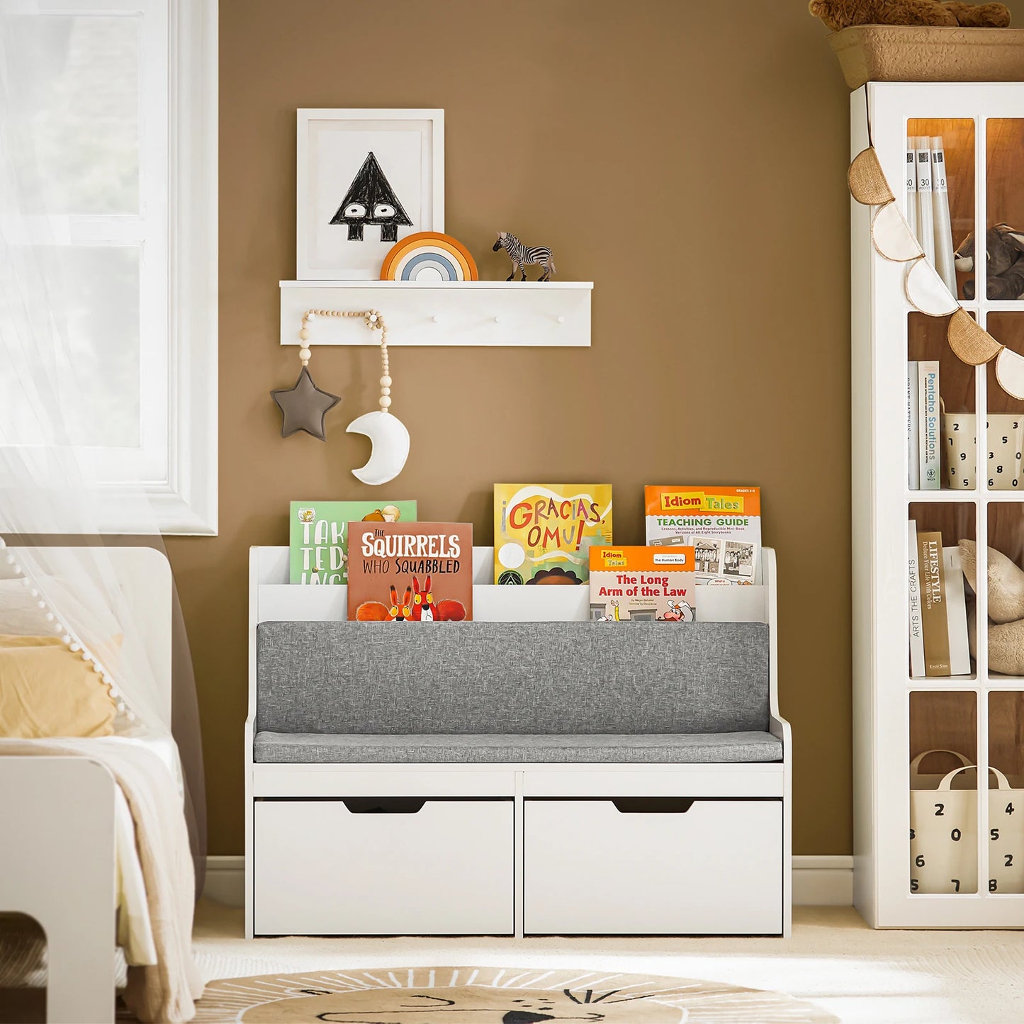 SoBuy KMB66-W kids bench with bookshelf toys chest storage box with roller shoe bench with seat cushion