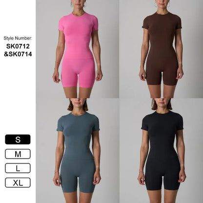 High Waist Scrunch Butt Shorts Yoga Fitness Set Women Two Piece Short Sleeve Crew Neck Slim Fit Shirts Matching