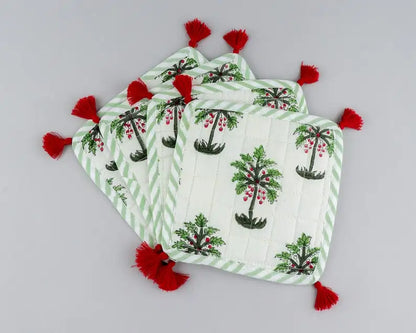White and Green Palm Print Coasters 100% Cotton India Block Printed Fabric Coasters 5*5 Inch for Coffee Mug Coffee Table