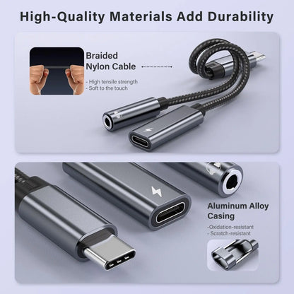 2 in 1 USB C Splitter to 3.5mm Headphone Jack and Charger Adapter PD 60W Fast Charging Audio Dongle for iPhone 15 16 17 Xiaomi