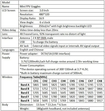 LS-VR009 5.8Ghz FPV Goggles Video Headset 5.8G 40CH HD 3 Inch 16:9 Display Mini FPV Goggles for FPV Quadcopter Drones