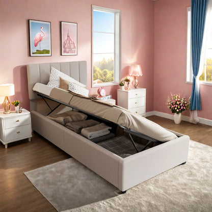 Upholstered bed 90x200 cm, hydraulic storage bed, single bed with storage and slatted frame, youth bed, box spring bed with bed box, functional bed, linen, without mattress, beige