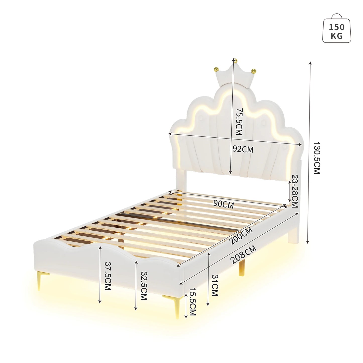 ROSAHQNDA 90x200cm Single bed, crown-shaped princess bed, soft PU leather upholstery with LED light strip, without Mattress