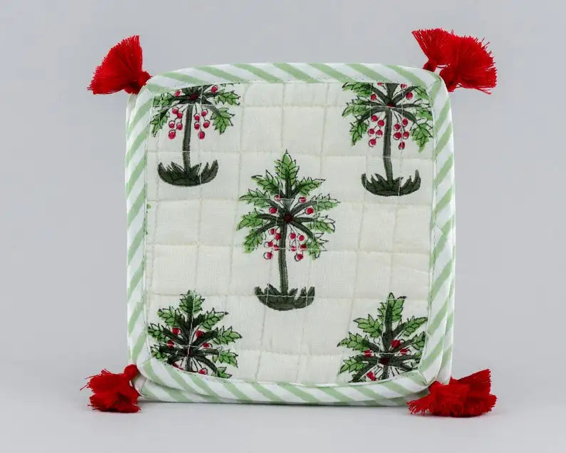 White and Green Palm Print Coasters 100% Cotton India Block Printed Fabric Coasters 5*5 Inch for Coffee Mug Coffee Table