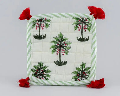 White and Green Palm Print Coasters 100% Cotton India Block Printed Fabric Coasters 5*5 Inch for Coffee Mug Coffee Table