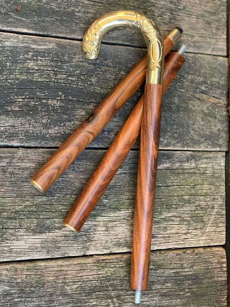 Handcrafted Wooden Walking Stick with Engraved Brass Handle Elegant Vintage Style Cane for Men and Women Gift & Personal use