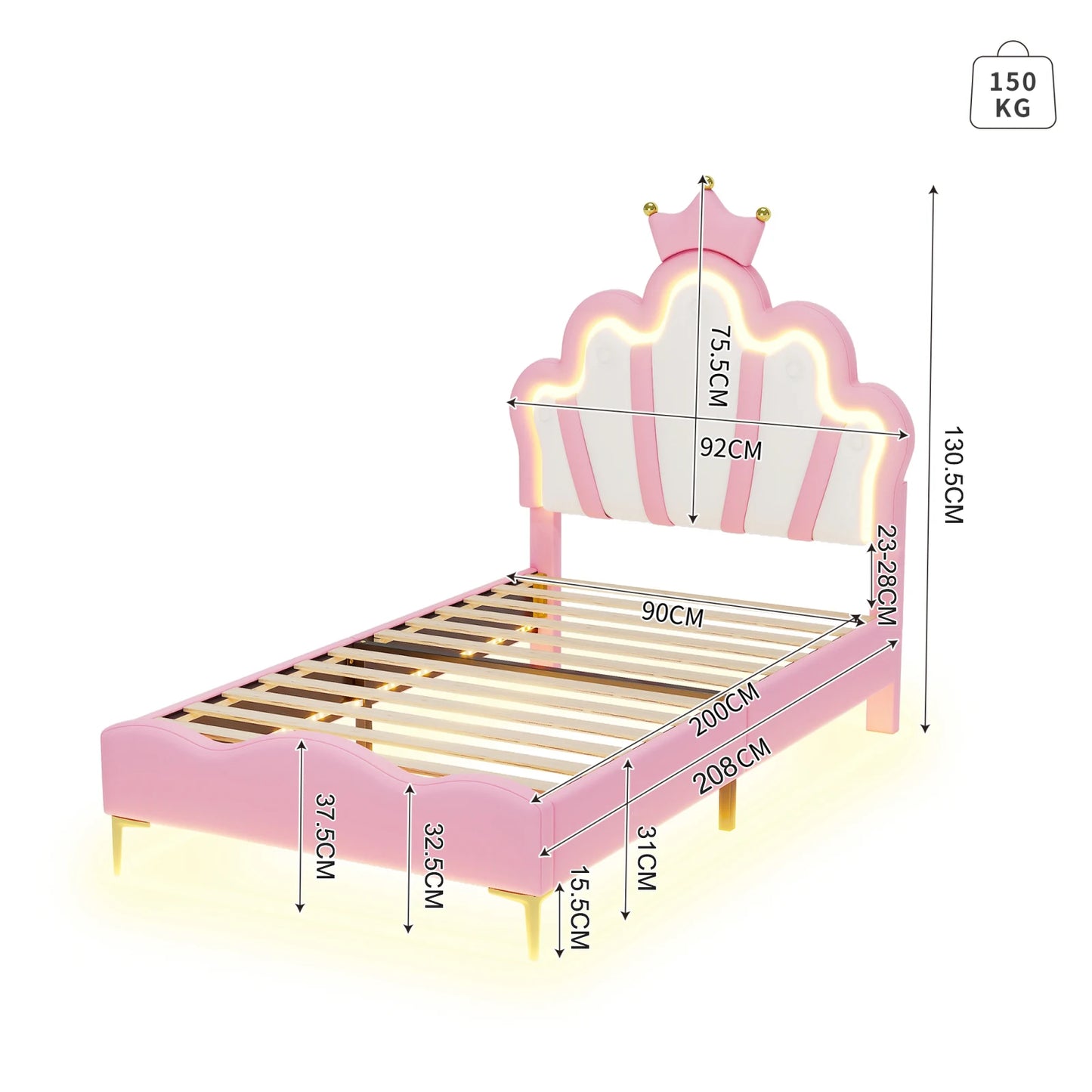 ROSAHQNDA 90x200cm Single bed, crown-shaped princess bed, soft PU leather upholstery with LED light strip, without Mattress