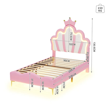 ROSAHQNDA 90x200cm Single bed, crown-shaped princess bed, soft PU leather upholstery with LED light strip, without Mattress