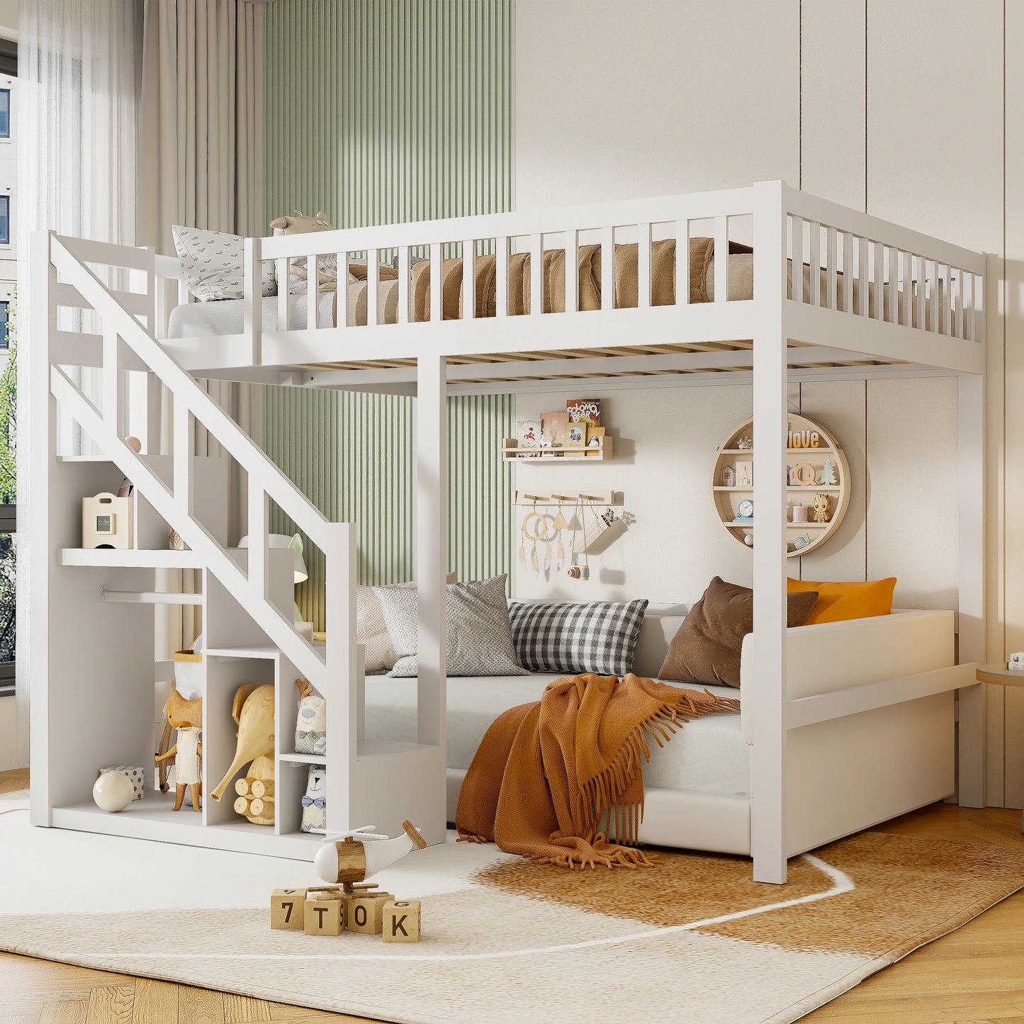 Rosahqnda floors bed youth bed, pine wood bunk bed with safety railings and stowable steps closet