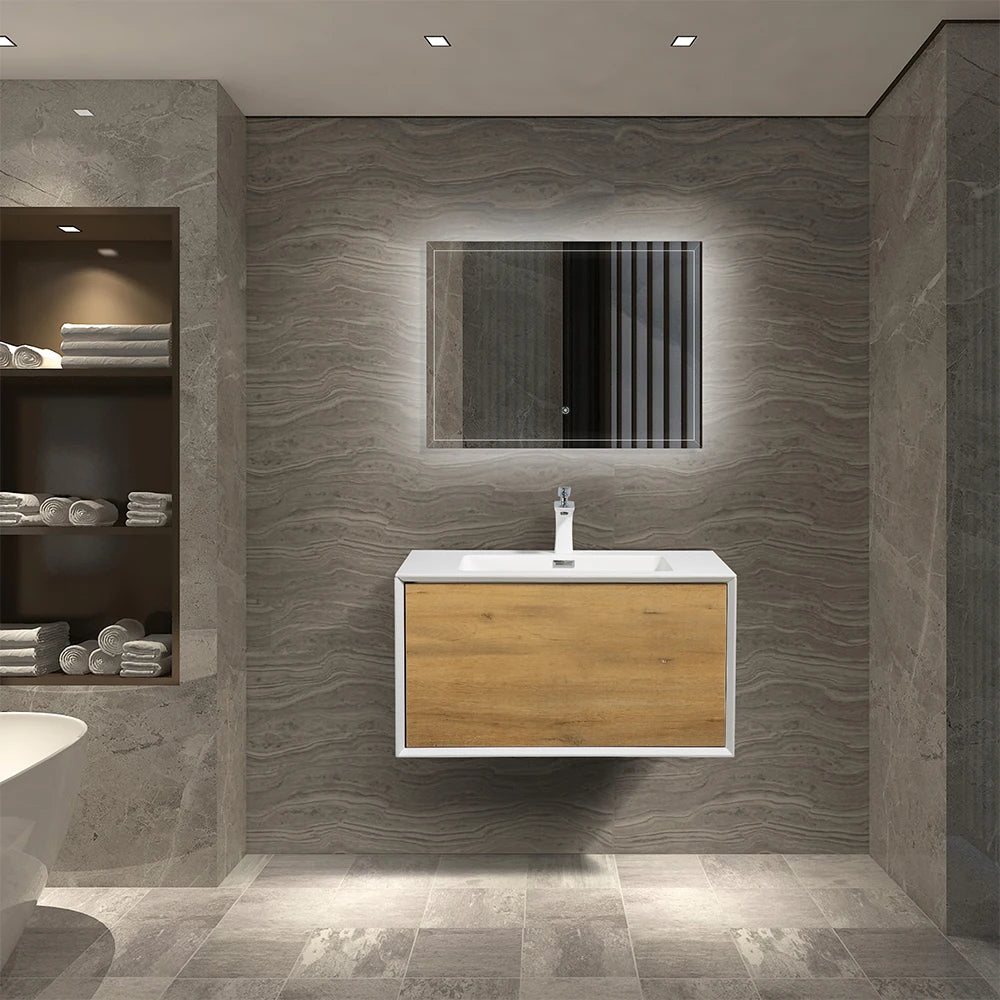 Commercial Sample Available 30 Inch Wall Hung Vanity Modern Bathroom Cabinet with Integrated Sink for Hotel Apartment Project