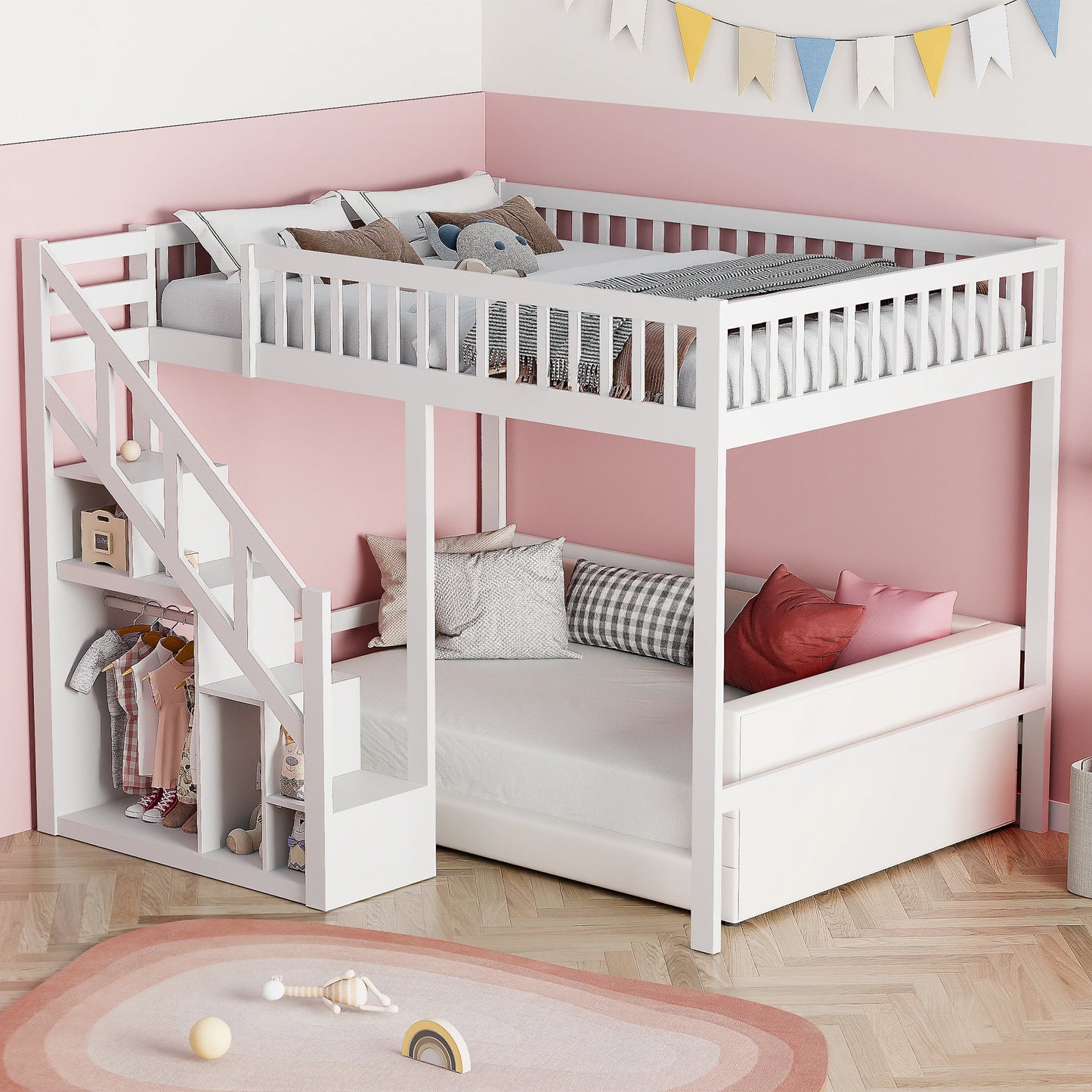 Rosahqnda floors bed youth bed, pine wood bunk bed with safety railings and stowable steps closet