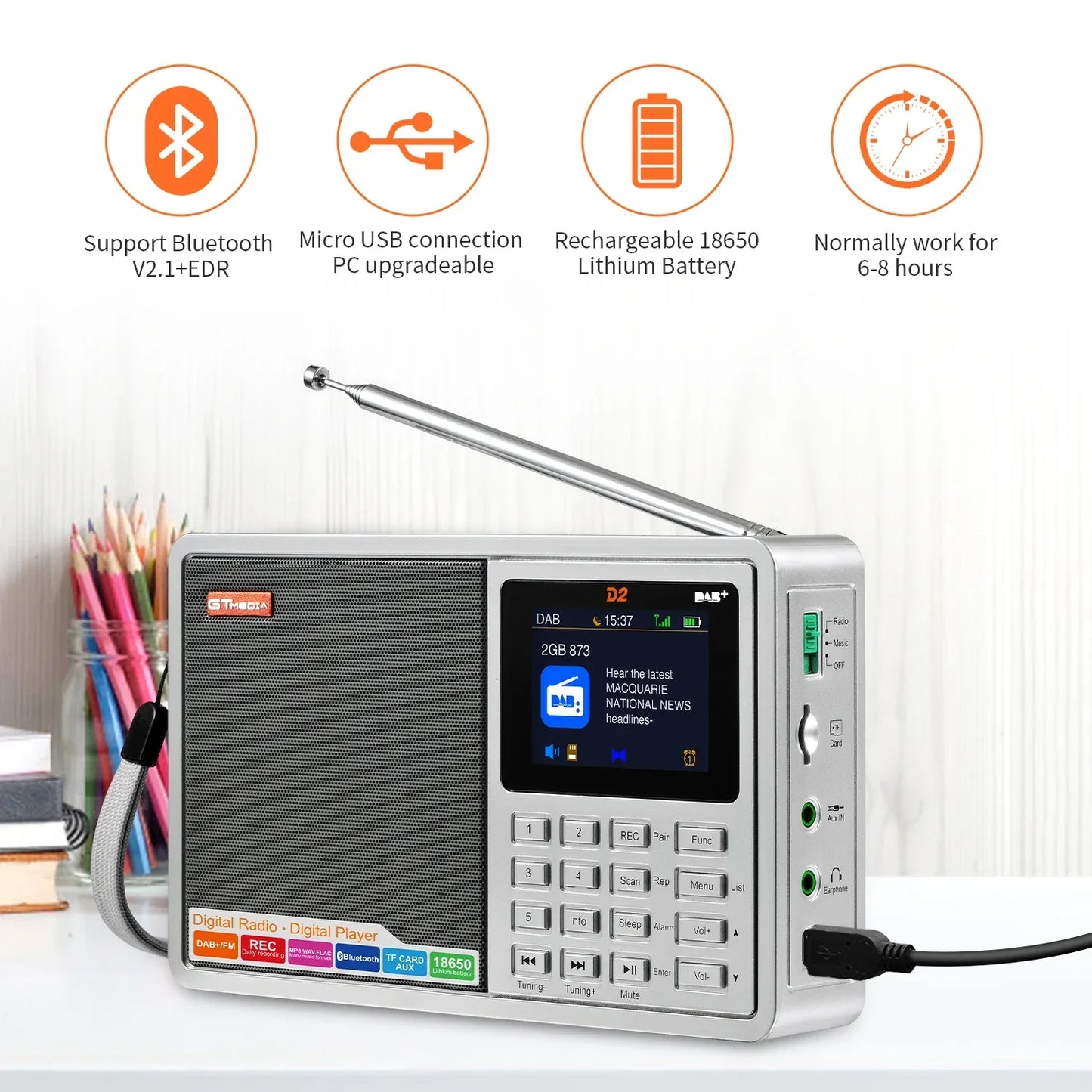 [Genuine]GTMEDIA D2 FM Radio  Portable DAB Digital Bluetooth Speaker AUX IN TF Card Slot MP3 Player Recording Clock Alarm