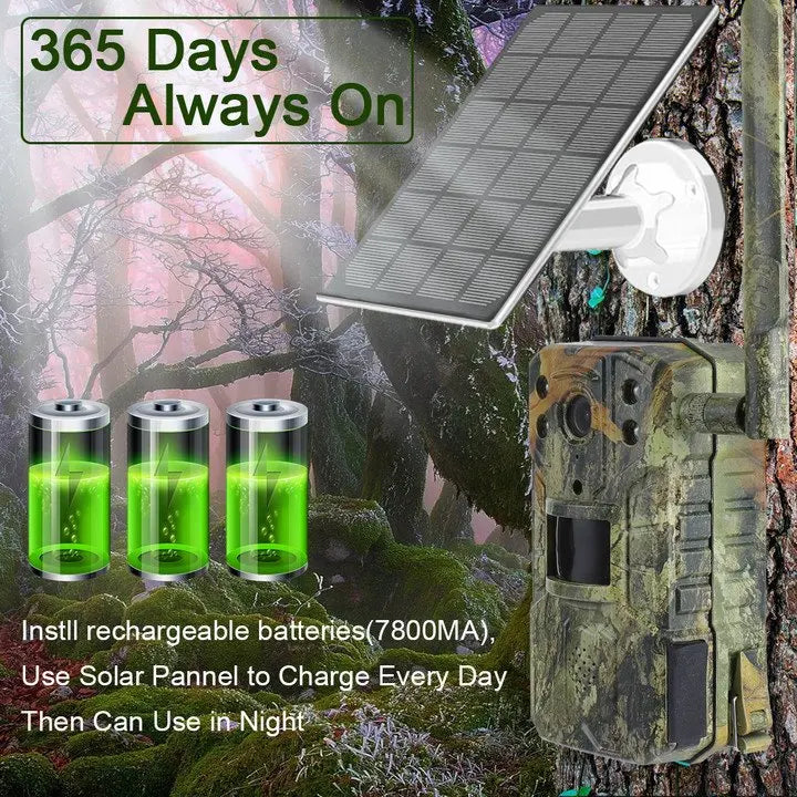 Solar shooting Trail Camera 20M PIR Motion Detection storm Camera 4K 14MP 4G SIM Card 30M Nigh Vision mAh