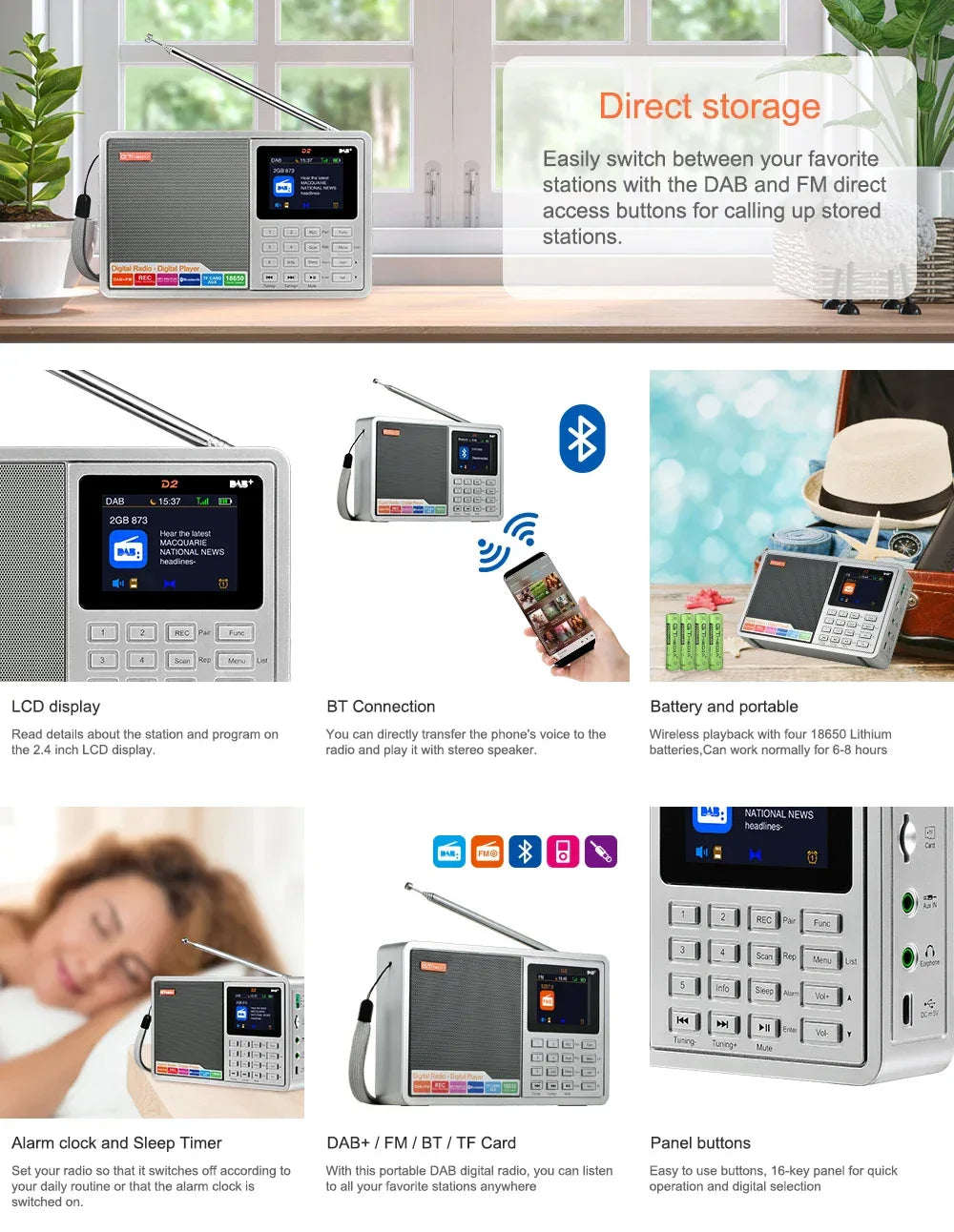 [Genuine]GTMEDIA D2 FM Radio  Portable DAB Digital Bluetooth Speaker AUX IN TF Card Slot MP3 Player Recording Clock Alarm
